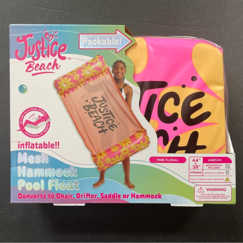 New Justice 44" Inflatable Packable Mesh Hammock Pool Float Pink Daisy Color